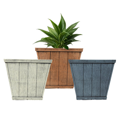 10 Inch Square Barrel Plastic Flower Pot Indoor and Outdoor Planter Assorted Colors - Set of 3