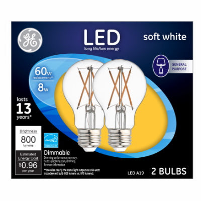 LED Light Bulbs, Soft White Clear, 8 Watt, 800 Lumens, 2-Pk.